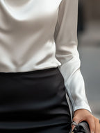 Women's White Satin Blouse - Long Sleeve Cowl Neck with Classic Collar