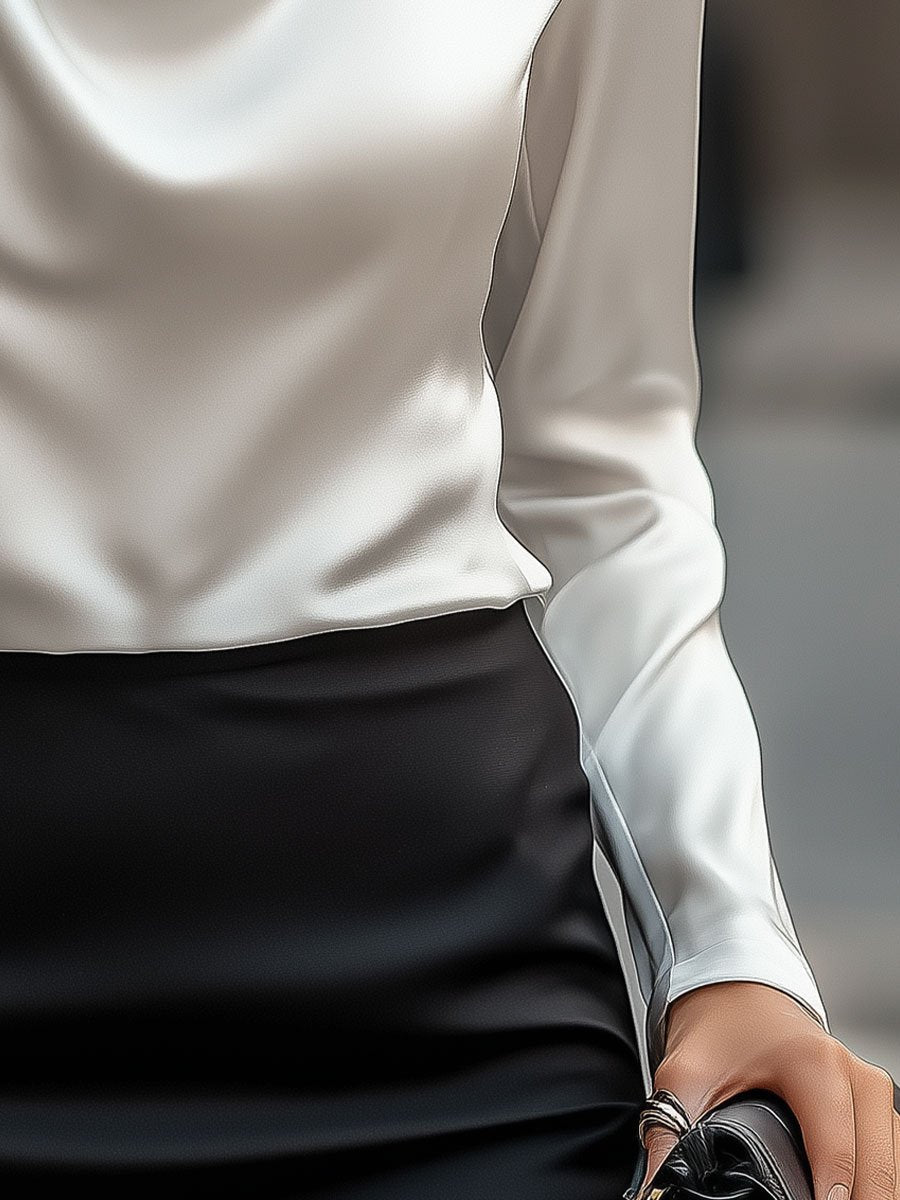 Women's White Satin Blouse - Long Sleeve Cowl Neck with Classic Collar
