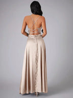 Alma - Women's Satin Cowl Neck Side Slit Maxi Dress