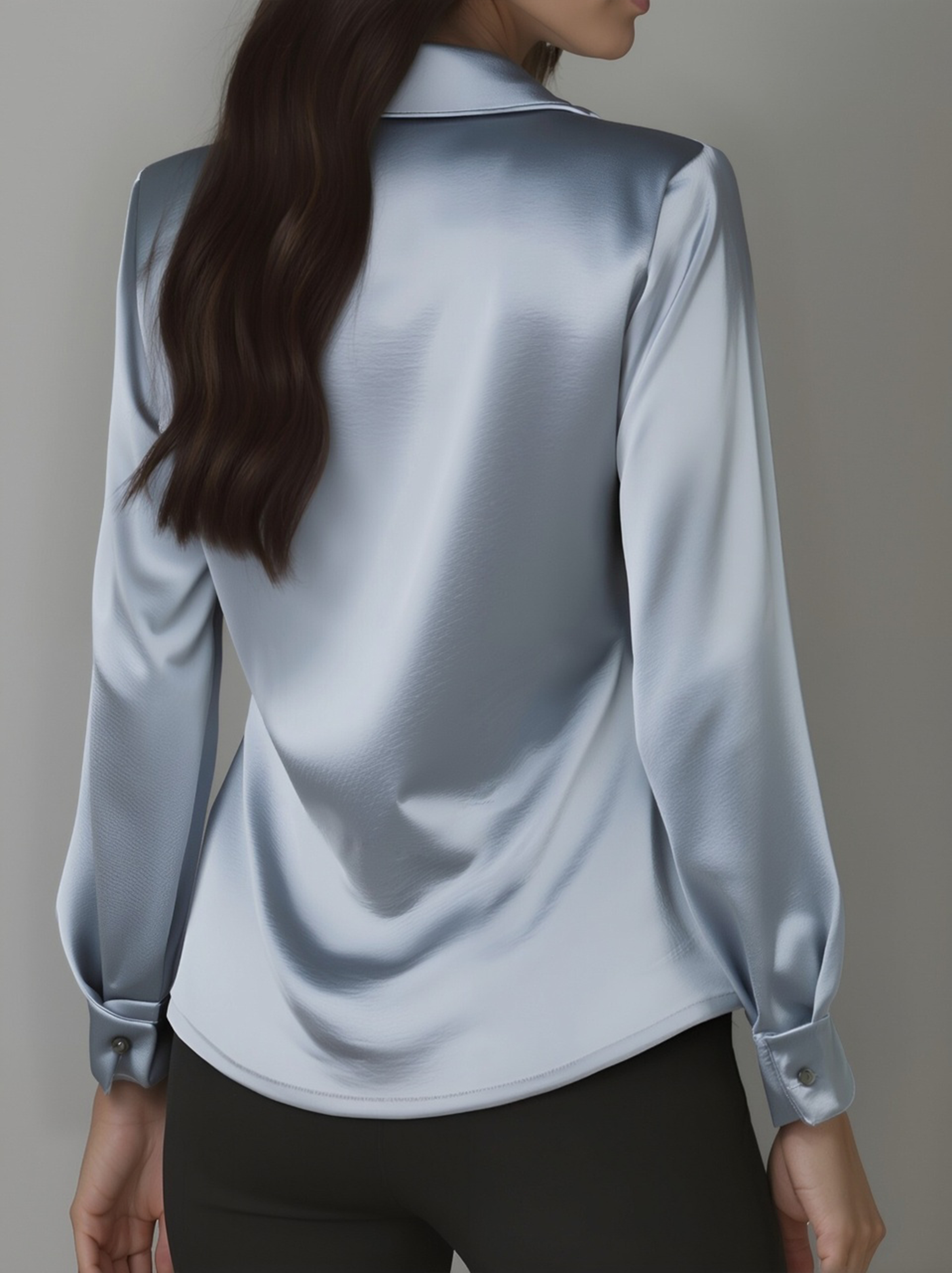 Women's White Satin Blouse - Long Sleeve Cowl Neck with Classic Collar