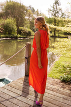 Women's Coral Orange Midi Dress - Sleeveless Side Slit