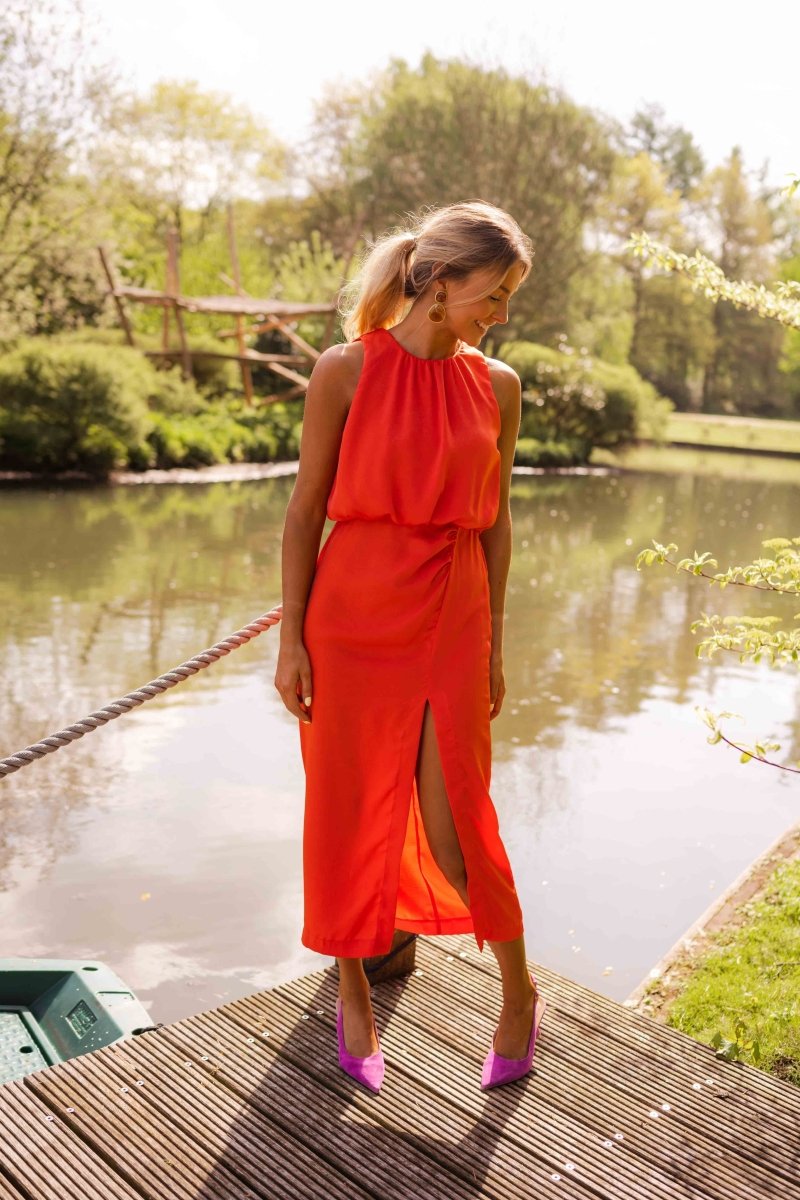 Women's Coral Orange Midi Dress - Sleeveless Side Slit