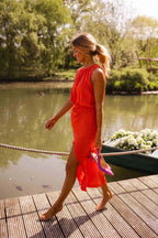 Women's Coral Orange Midi Dress - Sleeveless Side Slit