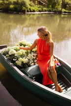 Women's Coral Orange Midi Dress - Sleeveless Side Slit