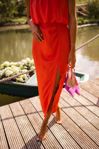 Women's Coral Orange Midi Dress - Sleeveless Side Slit