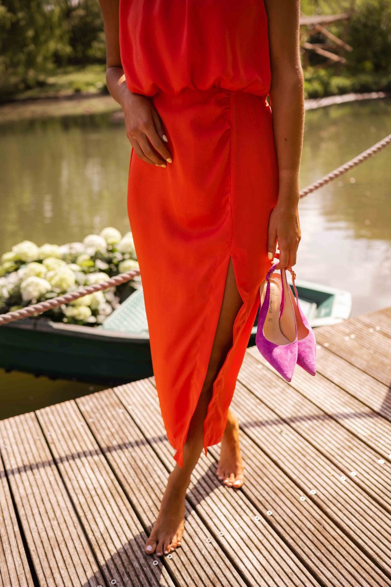 Women's Coral Orange Midi Dress - Sleeveless Side Slit