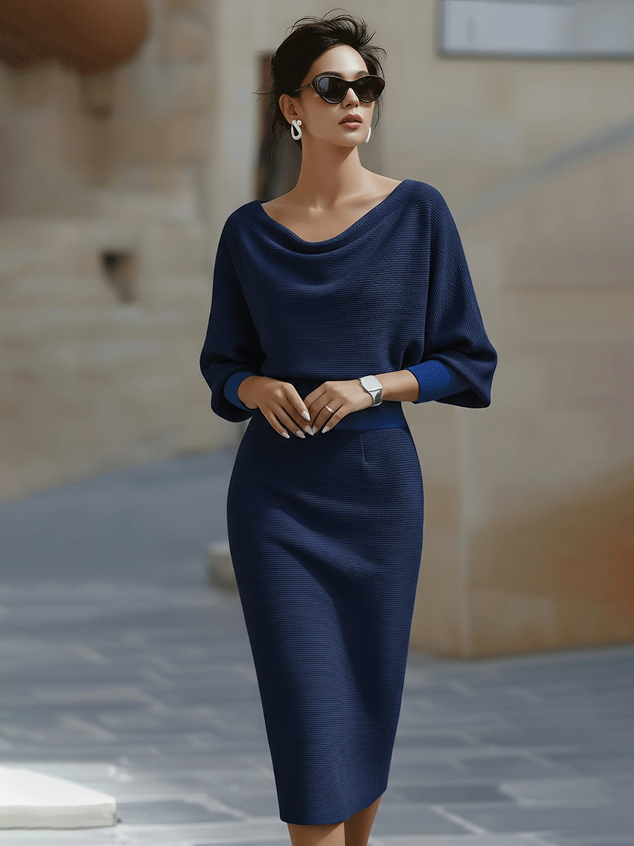 Women's White Draped Batwing Midi Dress - Knit Bodycon