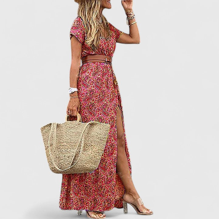 Women's Navy Printed Maxi Dress - V-Neck Belted Side Slit