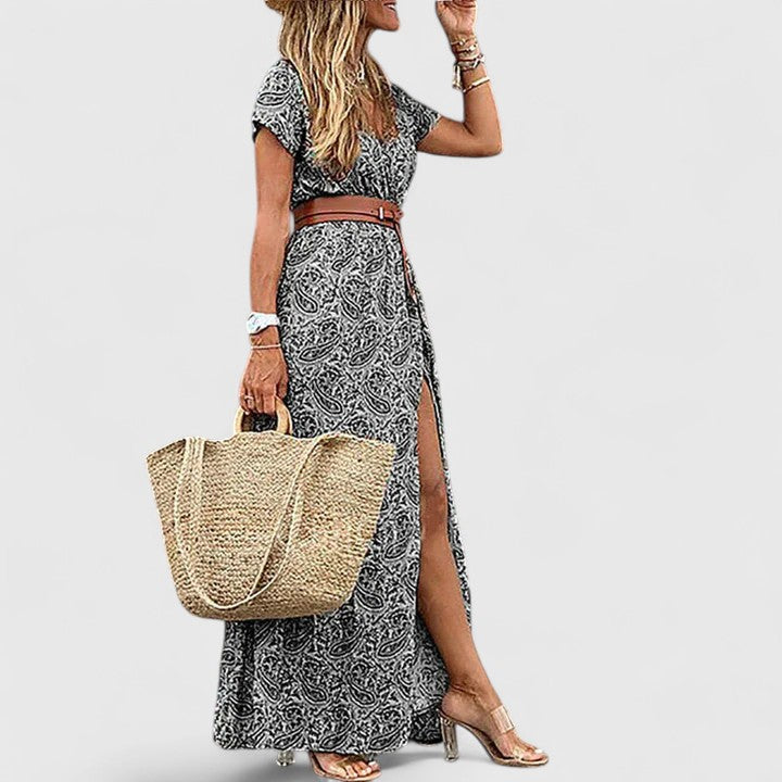 Women's Navy Printed Maxi Dress - V-Neck Belted Side Slit
