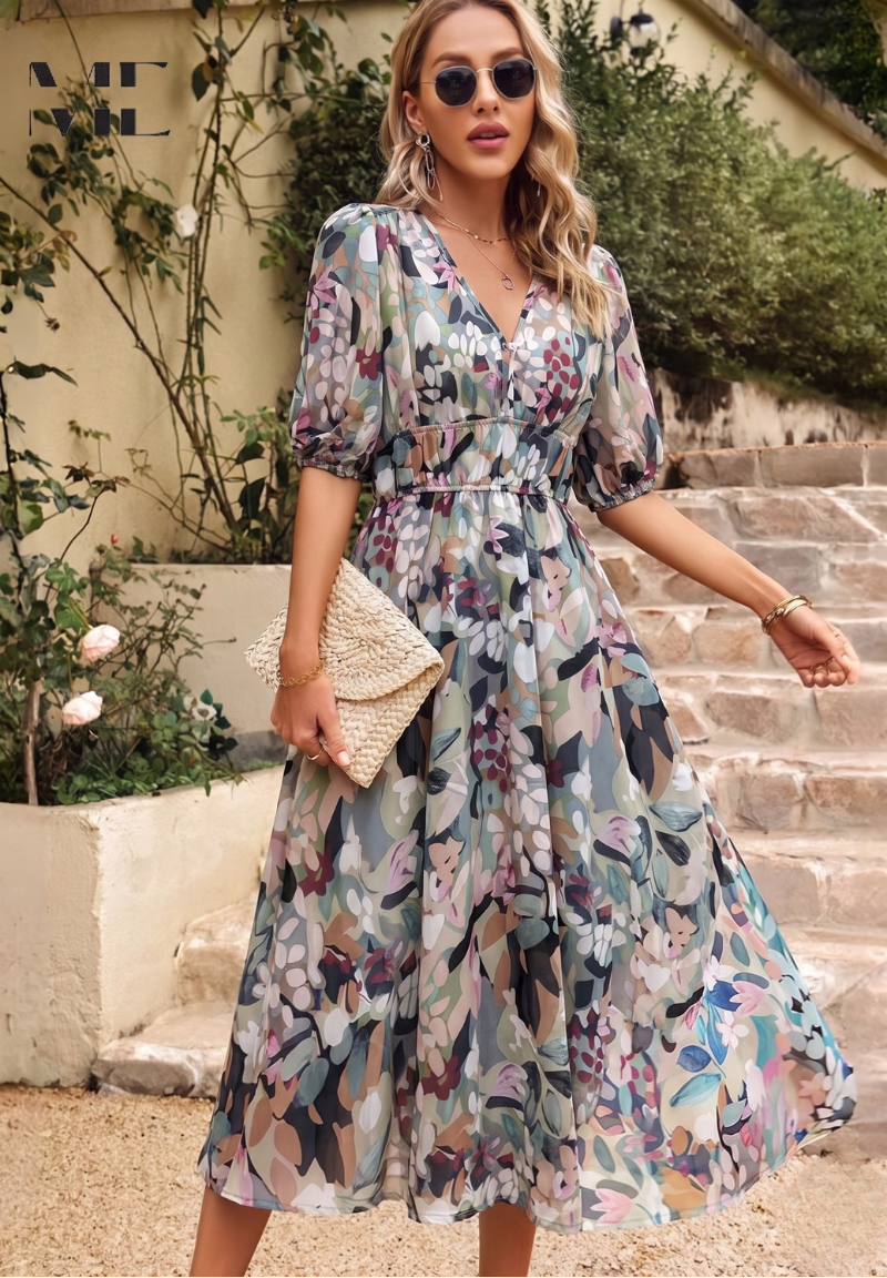 Phoebe - Women's Floral Puff Sleeve Midi Dress