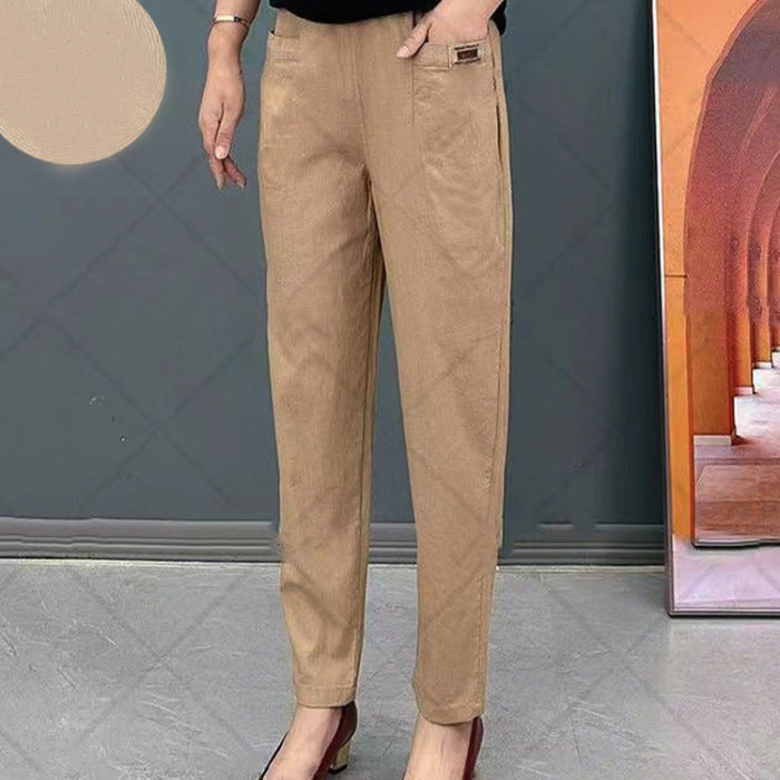 Women's Cotton Casual Pants - Elastic Waist Straight Leg