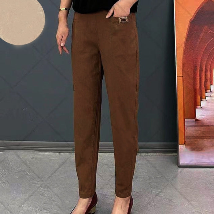 Women's Cotton Casual Pants - Elastic Waist Straight Leg
