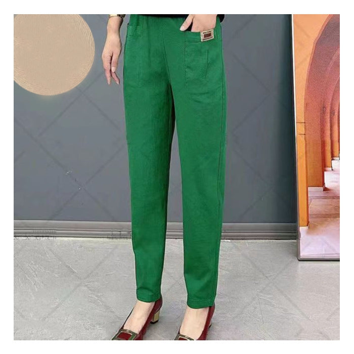 Women's Cotton Casual Pants - Elastic Waist Straight Leg