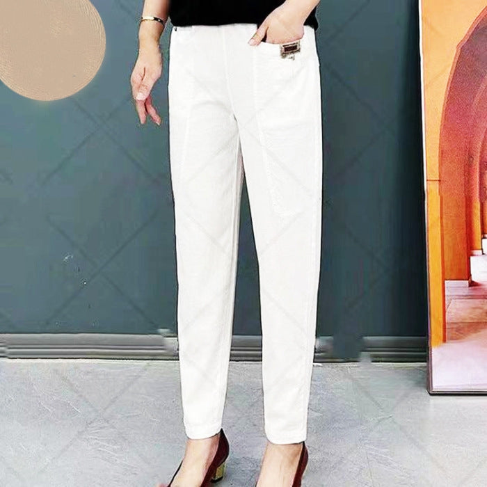 Women's Cotton Casual Pants - Elastic Waist Straight Leg