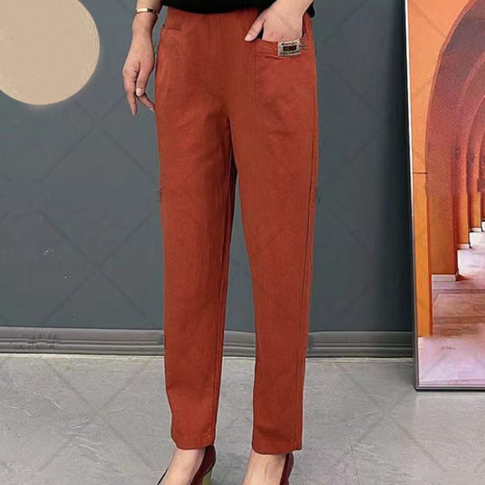 Women's Cotton Casual Pants - Elastic Waist Straight Leg